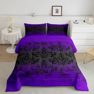 Jacquard Bedding Set,Black Damask Comforter Set for Room Decor,Abstract Comforter,Queen Size Purple and Black Duvet Set,3Pcs