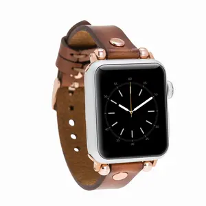 Handmade Burnished Brown Extra Slim Leather Band with Rosegold rivets for Apple Watch