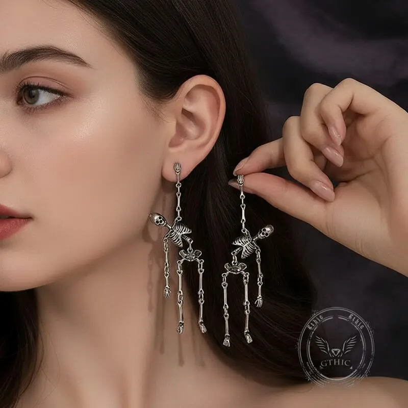 GTHIC 8cm Alloy Metal Gothic Skeleton Punk Chunky Statement Earrings Jewelry, Exaggerated Vintage Fashionable Jewelry Accessories for Party Nights, Gothic Punk, Stainless Hook