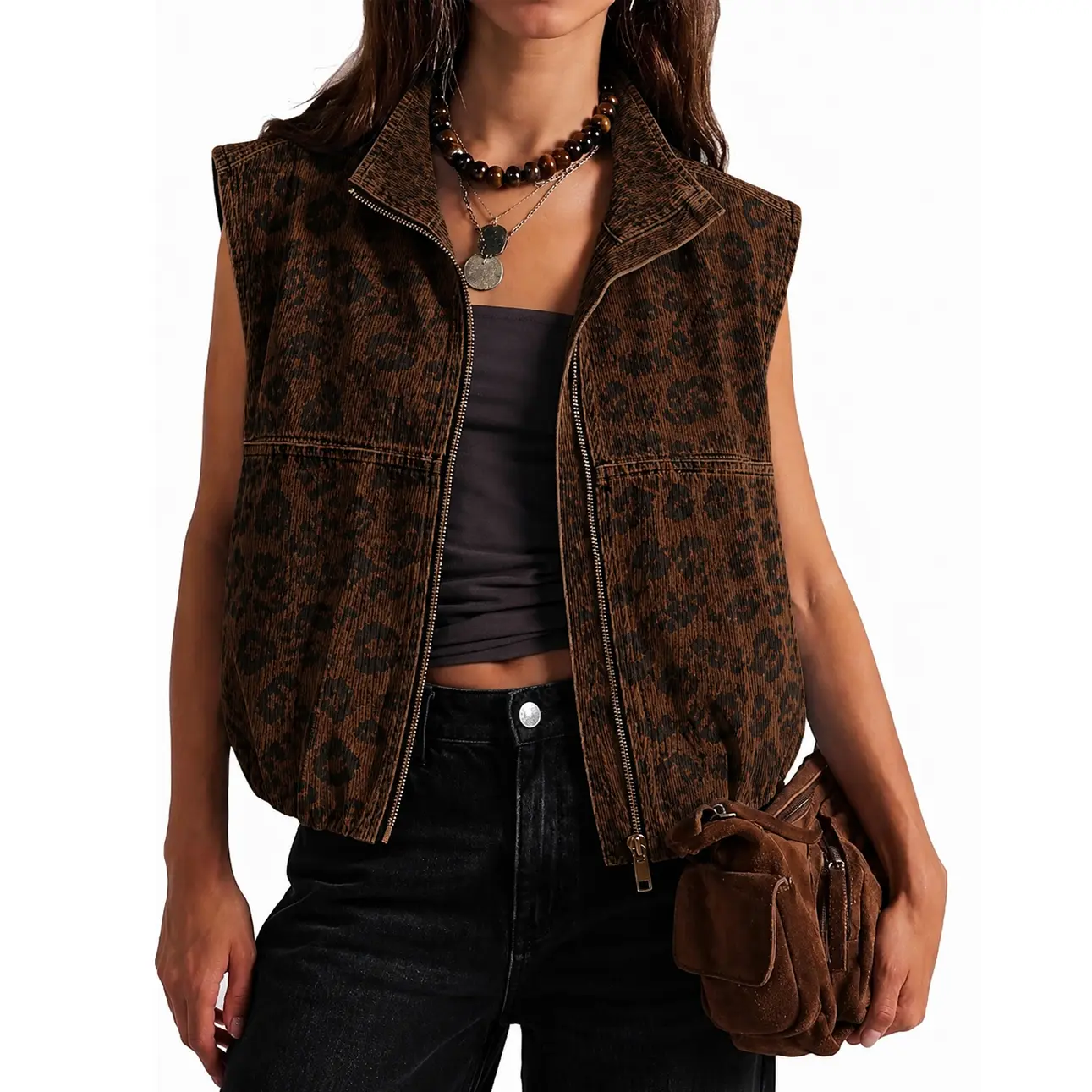 Women s Vest Heavyweight Sandwashed Corduroy Leopard Print Y2K American Retro for Coffee Shop Music Festival Daily Commute