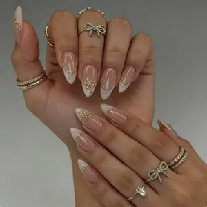 24pcs French Almond Shaped Ombre Nail Stickers, Y2K Style With 3D Gold Butterfly Decor, Shiny Glossy Full Coverage Nail Art, Removable Press Ons Adhesive Design Suitable For Women Girls Daily Christmas Party Gift