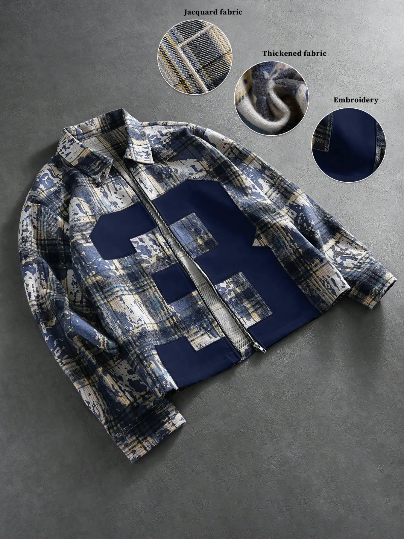 Men's retro Checkered plaid shirt, Checked shirt, loose fit, long sleeves, Casual street style zip-up shirt, classic distressed plaid pattern, simple number embellishments, a perfect gift for your boyfriend/husband
