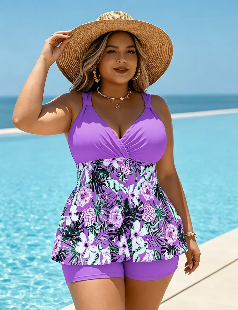 Women's Plus Size 2-Piece Tropical Print Tankini Bathing Suit Set, Cross-Front Chest Design, Elegant Stylish Swimwear for Beach Outfits