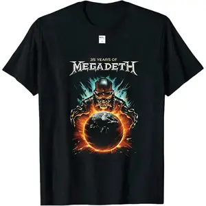 Megadeth 35 Years Fire Skull Burning Globe Tee  | 100% Pure Cotton | Lightning Metal Graphic