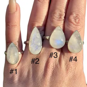 Sterling Silver Large Rainbow Moonstone Cabochon Ring - Pear Shape