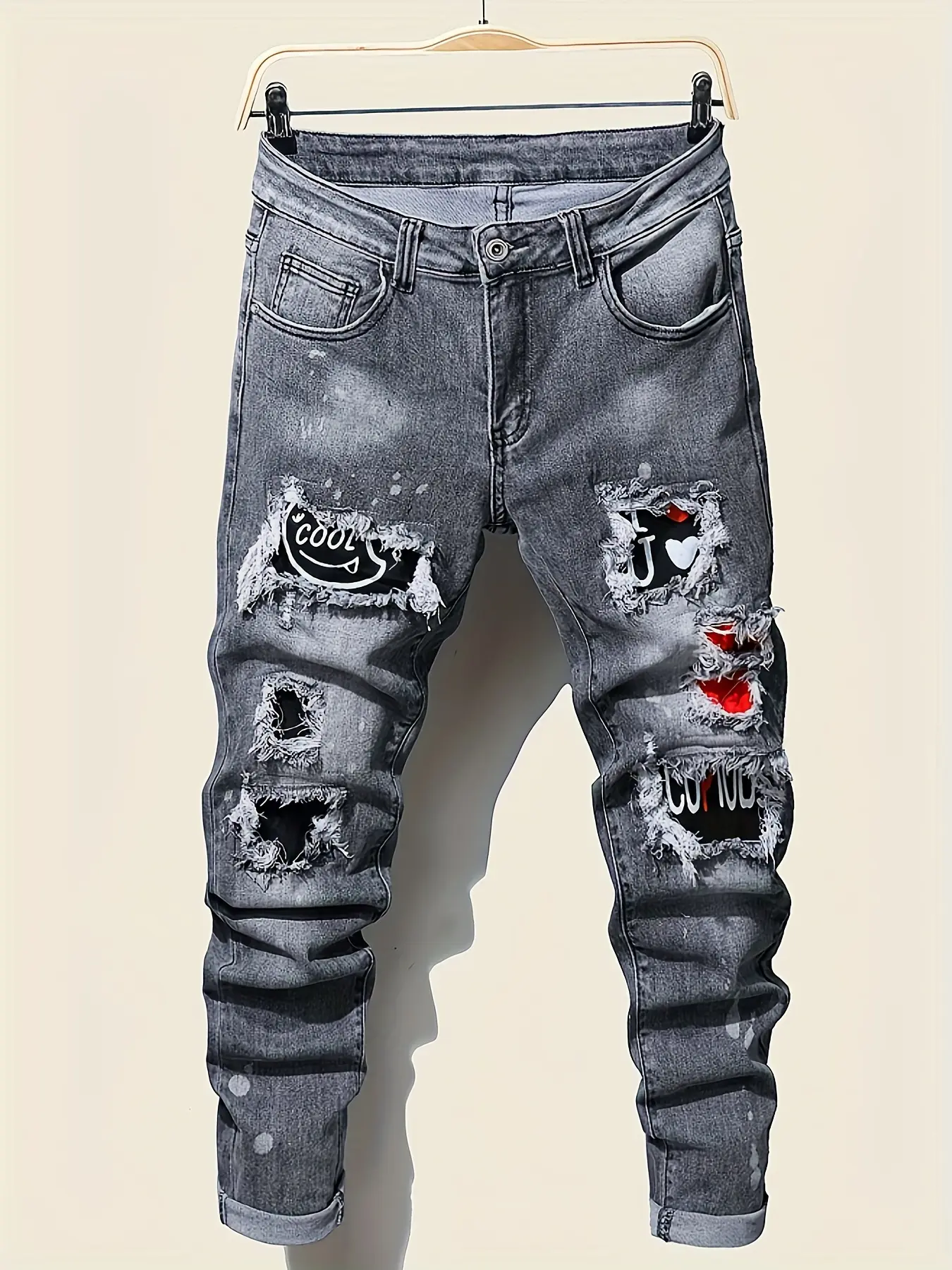 Men's Streetwear Splashed Ink Jeans - Slim Fit Ripped Denim with Pleated Patches, All-Season Casual Punk Style, Menswear, Pants, Male Clothing, Men's Pants, Trouser, Pocket, Graphic, Filming, Skinny Denim, Ripped Patches, Ink Splash Print