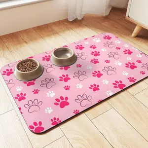 Quick Drying Absorbent Pet Feeding Mat with Paws for Dogs and Cats, Non-Slip Rubber Bottom, Dark Polyester Surface for Indoor Use
