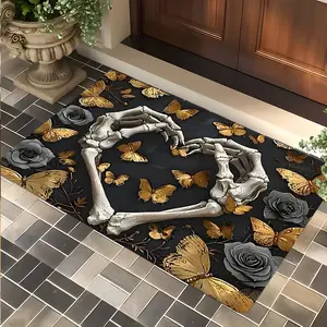 Gothic Skull Hand Design Welcome Doormat, Gold Butterfly Rose Entrance Rug, Butterfly Area Rug, Highly Absorbent Floor Mats, Anti-slip Quick drying Soft Carpets, for Multi-scenario, Indoor Outdoor Entrance Carpet Home Decor, Gifts for Family and Friend