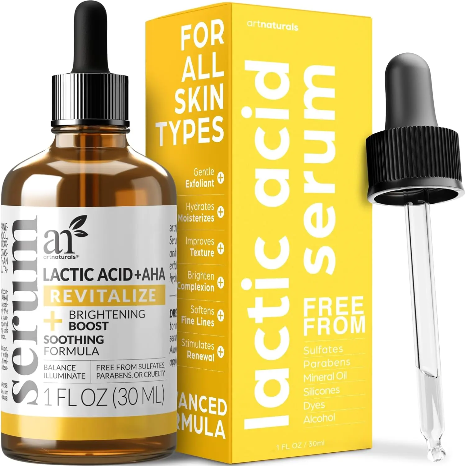 ArtNaturals Lactic Acid Plus AHA Face Serum for Radiance Boost with Renewing Formula - Scars Acne Wrinkles Exfoliates & Moisturizes Skin - 1 oz