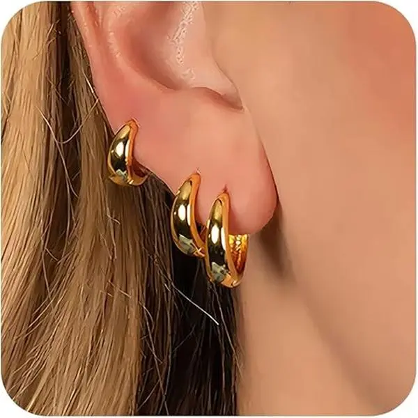 Unisex 3-Pairs Gold Chunky Round Small Huggie Hoop Earrings Set for Adults with Hinged Clasp, Elegant Versatile Earrings, Men's Fashion Costume Jewelry, Men's Earrings