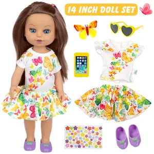 DEARBEI 14 inch brown long hair simulation doll and butterfly themed clothing set, a toy for girls, suitable for dress up games, ideal for birthday and party gifts, Valentine's Day gifts
