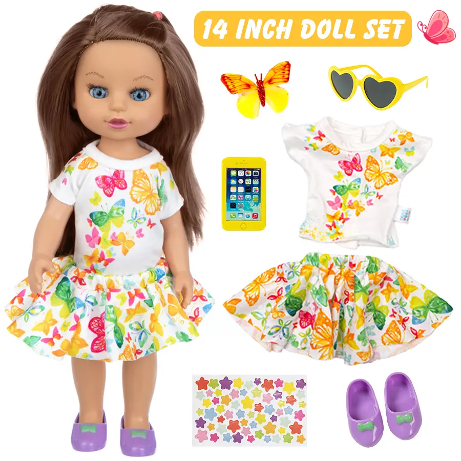 DEARBEI 14in Brown Long-Hair Simulation Doll with Butterfly-Themed Clothing Set, Girls' Dress-Up Doll Toy, Ideal Birthday and Party Gifts, Dolls