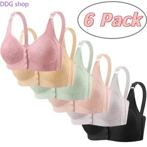 6-Pack/3-Pack Luxury Front Closure Underwear Wire-Free Sports Bra with Push-Up Support Lingerie Thin Cotton Fixed Cups Breathable Adjustable Comfort Fit Mom Tank Style Women's Innerwear for Daily Wear and Active Lifestyle