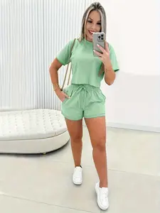 Two-Piece Set Women's Solid Color Short Sleeve Crop Tee & Elastic Waist Tie Front Shorts Set, Casual Round Neck T-Shirt & Pocket Shorts for Summer, Summer Outfits 2026, Ladies Clothes for Daily Wear, Womenswear