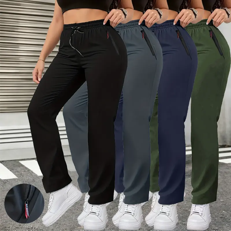 3-pack women’s straight-leg casual athletic pants with side zipper pockets, flattering for a fuller figure and suitable for outdoor and indoor sports wear.