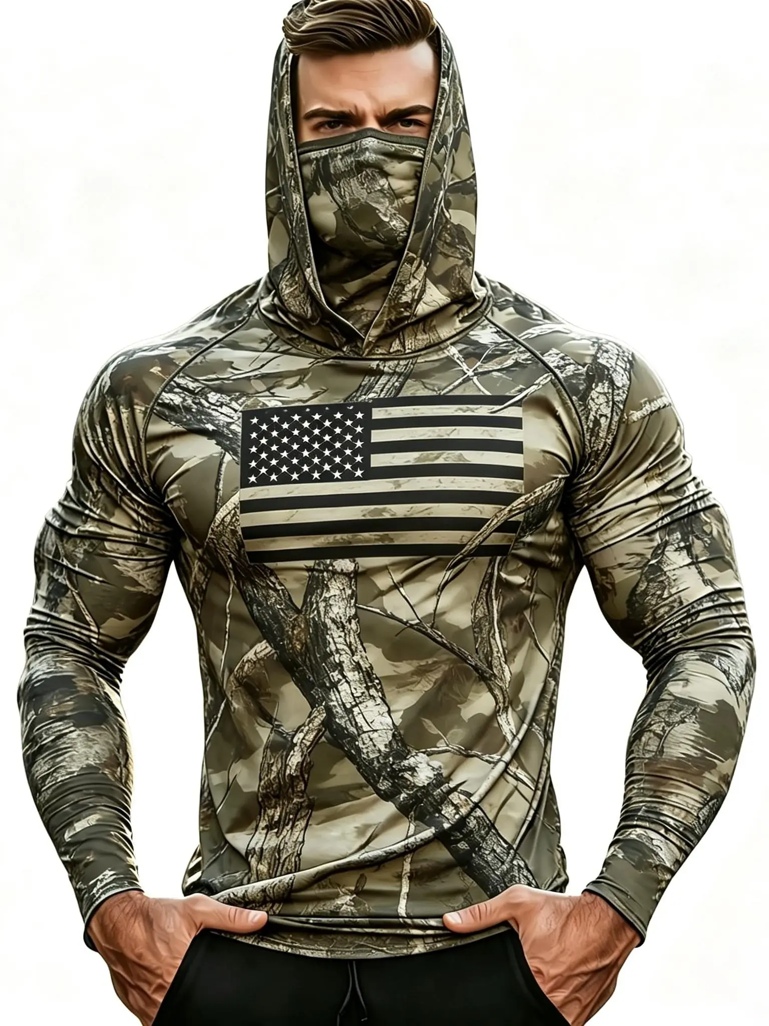 New Male Outdoor Hunting Camouflage Hoodie - Elastane Fabric, Integrated Mask Hood, Compressed Quick-Drying, High Elastic Breathable, All-Seasons Sun Protection for Hiking, Fishing Protective vintage camo athletic fit