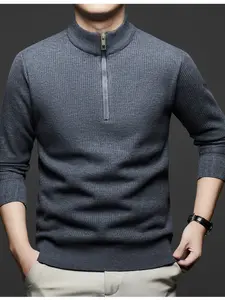 Men's Half High Neck Zipper Knit Sweater, Long Sleeve Pullover, Fall Winter Fleece Lined, Casual Business Wear, Comfortable Warm Top, Menswear, Knitwear