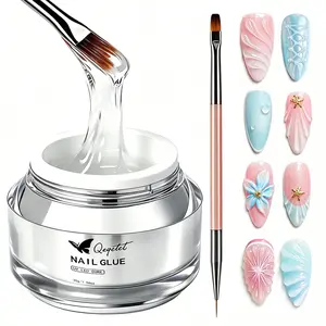 Qzqetet 30G Rhinestone Glue for Nails, 3D Nail Art Glue Gel with Brush Pen, Super Strong Nail Charm Glue for Gems, Flowers, Bows & Raised Sculpting Designs, Clear No Wipe Builder Gel, UV LED Cure