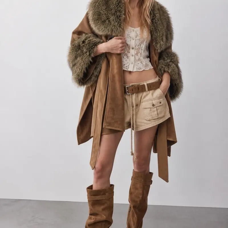Women’s One Size Chic Elegant Suede-Like Belted Poncho Cape Jacket, Oversized Faux Fur Collar & Cuffs, Toggle Close, Waist Belt, Mid-Length Fall Winter Outerwear