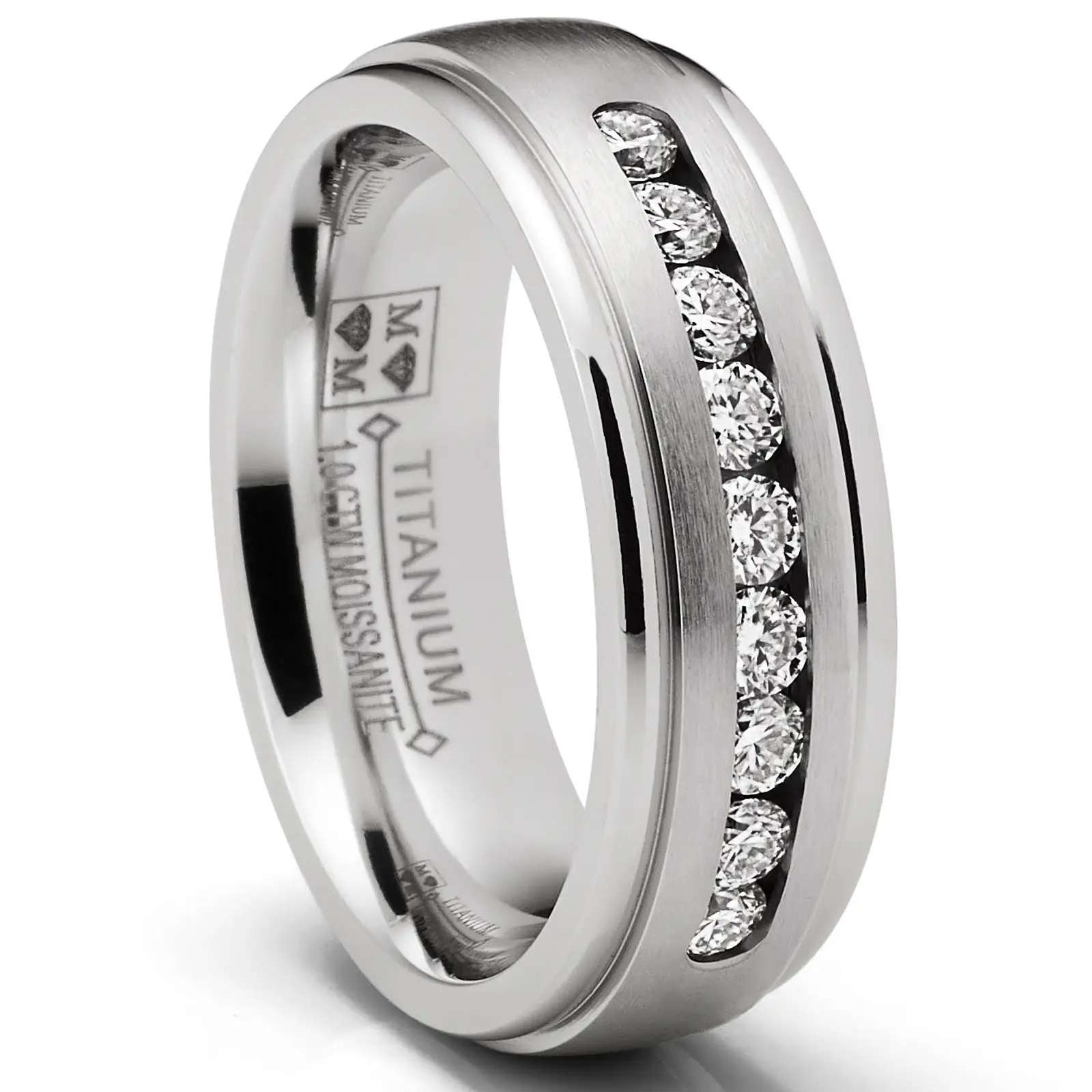 Men's 1-Carat Lab Moissanite Artificial Gemstone Ring, 7MM Wedding Band with Step Edge & 9 Round Channel-Set Stones, Lightweight Male Adults' Engagement Ring