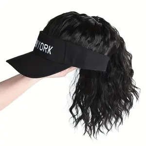 Women's Summer Sun Hat with Wig, Versatile One-Piece Fashion Open-Top Wig Hat with Half Ponytail