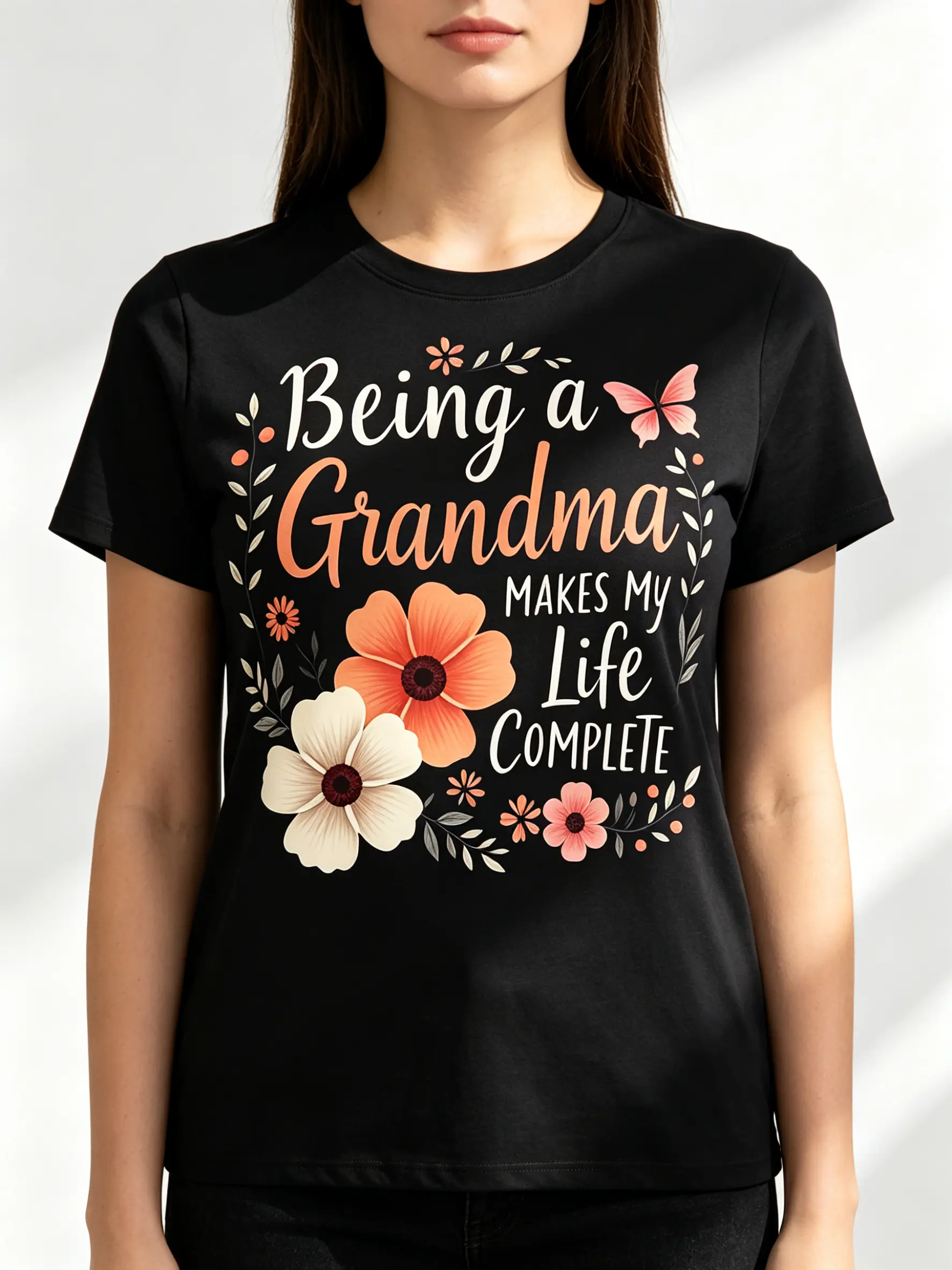 Being A Grandma Makes My Life Complete Floral Butterfly Graphic Oversized Black T-Shirt, Mother's Day Grandma Appreciation Women's Cotton Tee, Floral Grandma Life Casual Top#BeingAGrandmaTee#GrandmaLifeShirt#FloralGrandmaTop#MothersDayGrandmaGift#Great