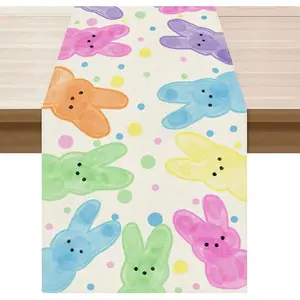 Colorful Dots Cute Bunny Watercolor Rabbits Easter Table Runner Table Decoration for Party Home Kitchen Dining Holiday Decor 13x72 Inch