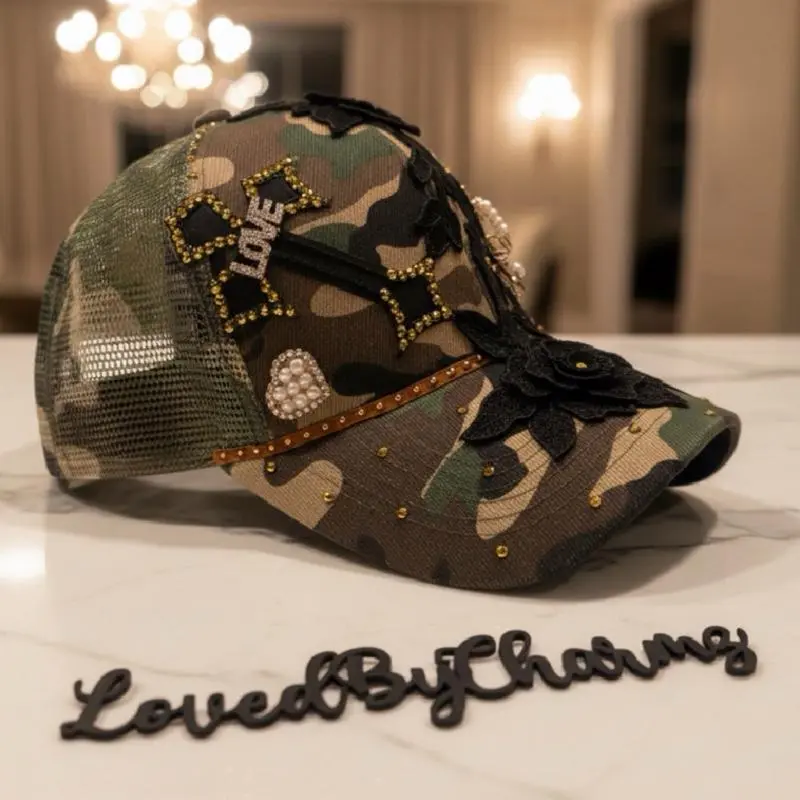 Black Camo Embroidered Hat - Roses & Black Rose Design, Gold Chain Embellishment, Camo Print, Embroidered Floral, Graphic Embroidery Styles, Black Camo Hats, Camo Print Hats