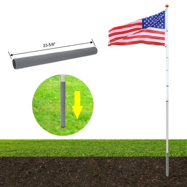 25ft Height Heavy Duty Alum. Telescoping Flagpole Kit - Inground Outdoor Sectional Pole with Topper Ball, 360-Degree Rotating Steel Clips for American Flag, Dual Flags (Ideal for Independence Day), Aluminium, 23-5/8" Diameter