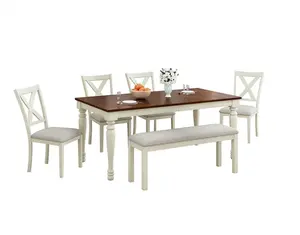 【Ships in 2 Boxes】AMERLIFE 6-Piece 60"/71" Solid Wood Dining Table Set, Large Dining Table with 4 Upholstered Chairs & 1 Long Bench, for Dining Room,Best Gift Ideas/Christmas Gifts