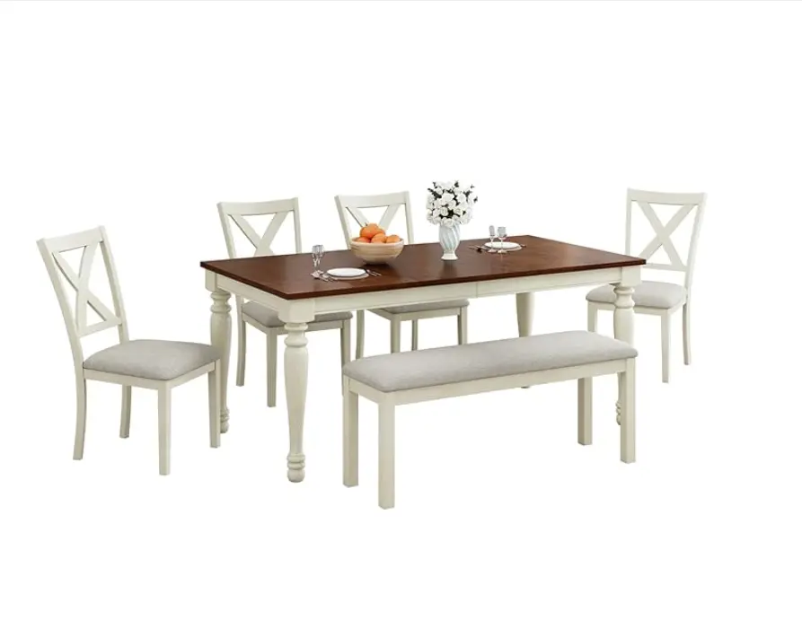 【Ships in 2 Boxes】AMERLIFE 6-Piece 60"/71" Solid Wood Dining Table Set, Large Dining Table with 4 Upholstered Chairs & 1 Long Bench, for Dining Room,Best Gift Ideas/Christmas Gifts