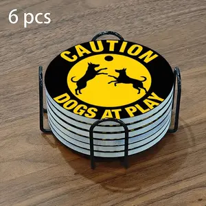 6-piece ceramic coaster set, featuring a playful puppy warning sign design. Heat-resistant, non-slip coasters with holders; suitable for home and dining table decorations, and as beverage mats.