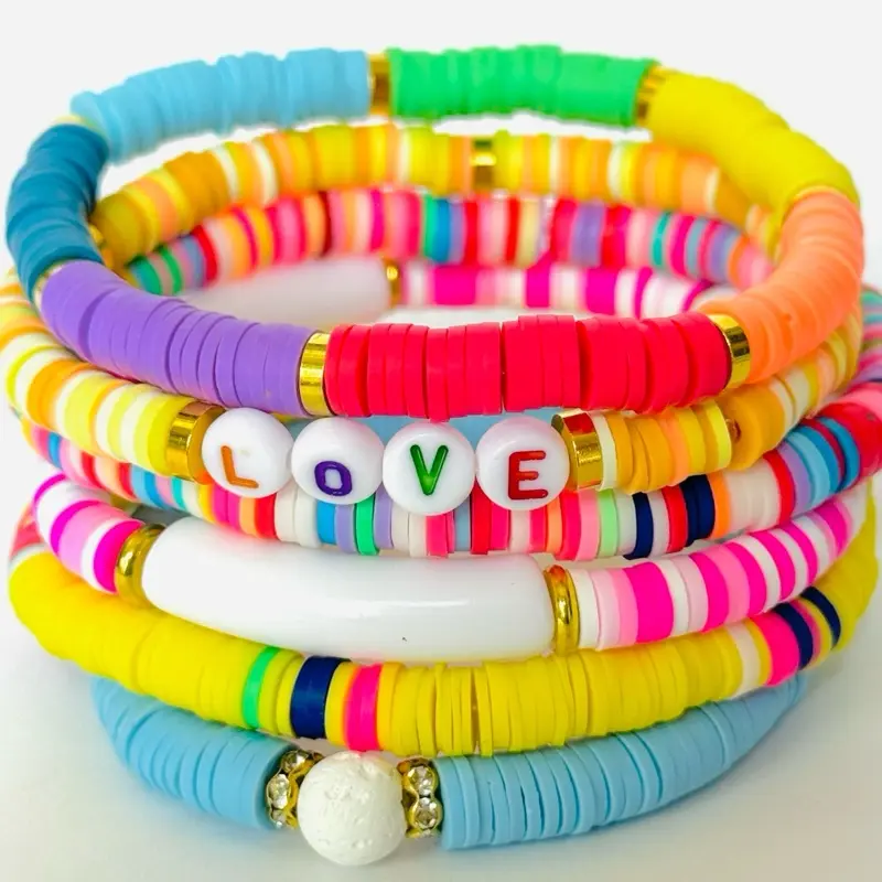6 PC Preppy Summer Heishi Bracelets Set, Cute and Colorful Polymer BFF Jewelry, Soft Clay Bracelet