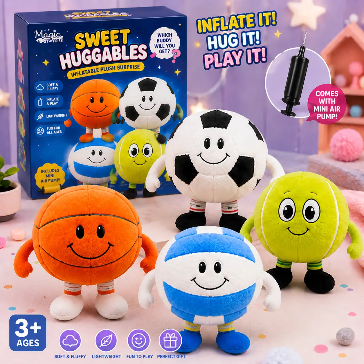 Magic PomPom 9-in 2-in-1 Inflatable Plush Toy - Surprise Blind Box Sports Balls, Manual Operation, Cute Collectible, Durable Soft Fluffy Cute Stuffies, Stuffed Animal Gifts, Sensory Stress Relief Toy, 2-in-1 Inflatable Innovation