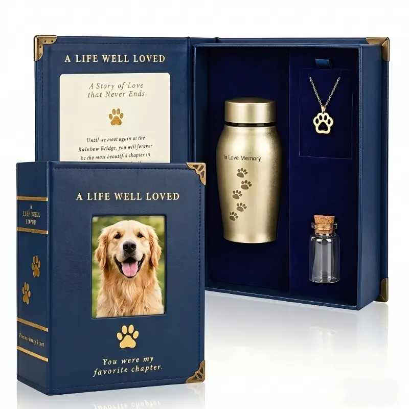 Dog Memorial Gifts for Loss of Dog - Leather Book Pet Urn with Photo Frame.Premium PU Cover Houses Comforting Rainbow Bridge Card, Tiny Glass Fur Vial And Beautiful Wearable Paw Pendant Necklace. Supplies