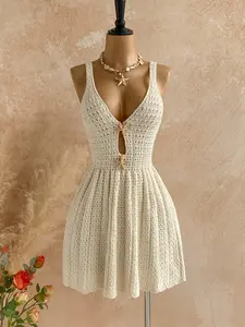 Dreamy Cream Color Breathable Crochet Knit Mini Dress, Deep V Neck, Hollow Out Details, Starfish Decoration, Bohemian Boho Casual Style, Perfect for Beach Vacation