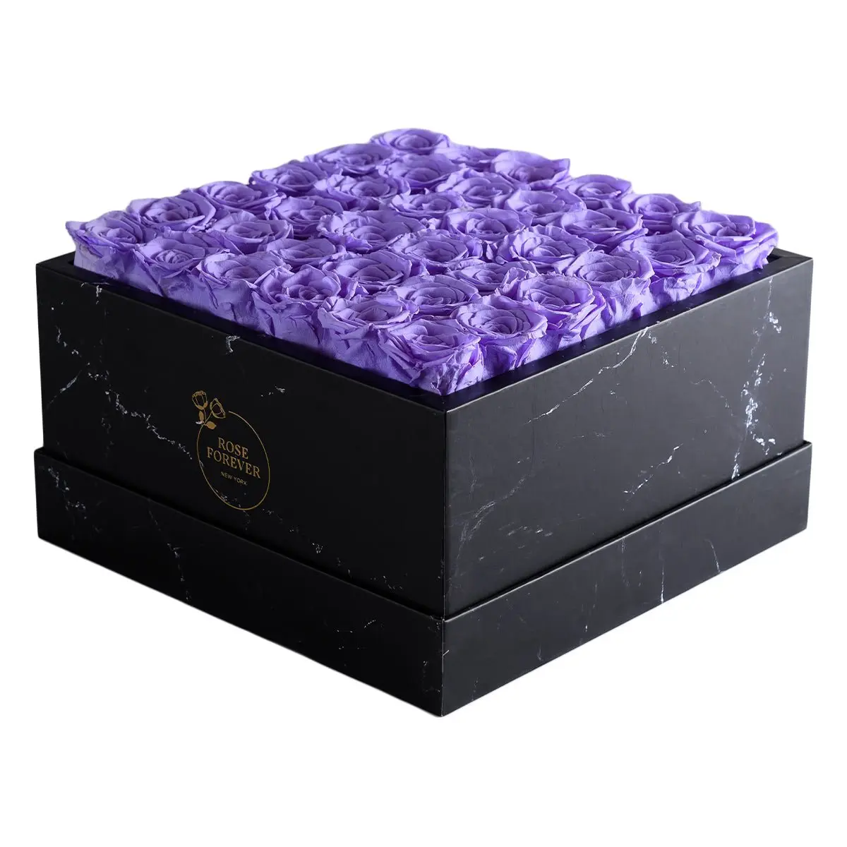 36 Lavender Preserved Roses Bouquet - Black Square Marble Box, Decorative Flower Arrangement for Home Decor, Anniversary, Birthday Gifts