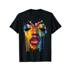 Men's Black 180g Cotton T-Shirt - African  Afro Painted Face Juneteenth Graphic, Soft Breathable Moisture-Wicking Loose Fit Casual Streetwear Tee for Spring Summer, Machine Washable, Summer Apparel, Vibrant Design Shirt, Comfortable Fabric, Party Outfit,
