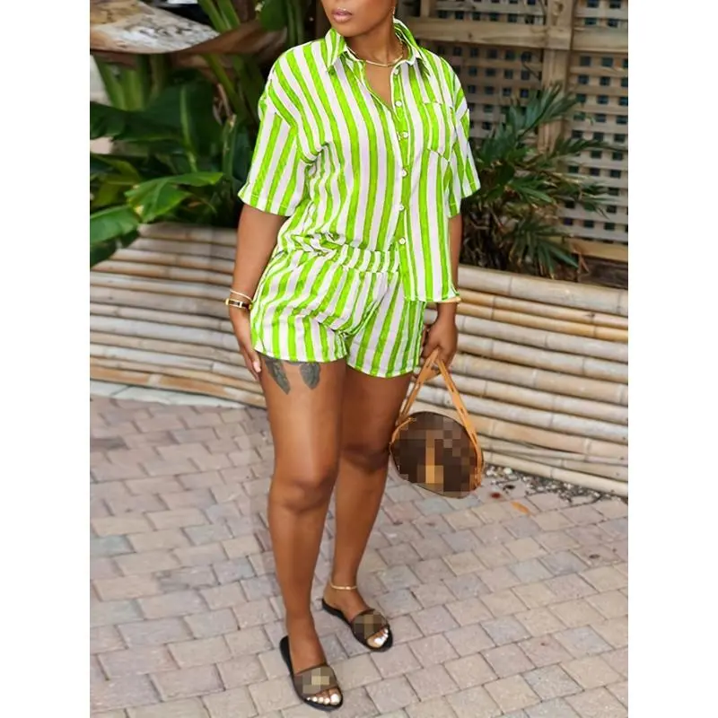 Women's striped tight two-piece loose short sleeved button T-shirt and high waisted shorts, polyester blend, machine washable pattern for women