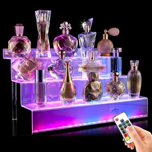 12 IN Clear Acrylic Display Riser Shelf with LED light, 3 Tier Display Step Shelves Holder, Perfume Cologne Organizer for Pops Toys Figures, Clear Cupcake Riser, Dessert Shelf Decoration