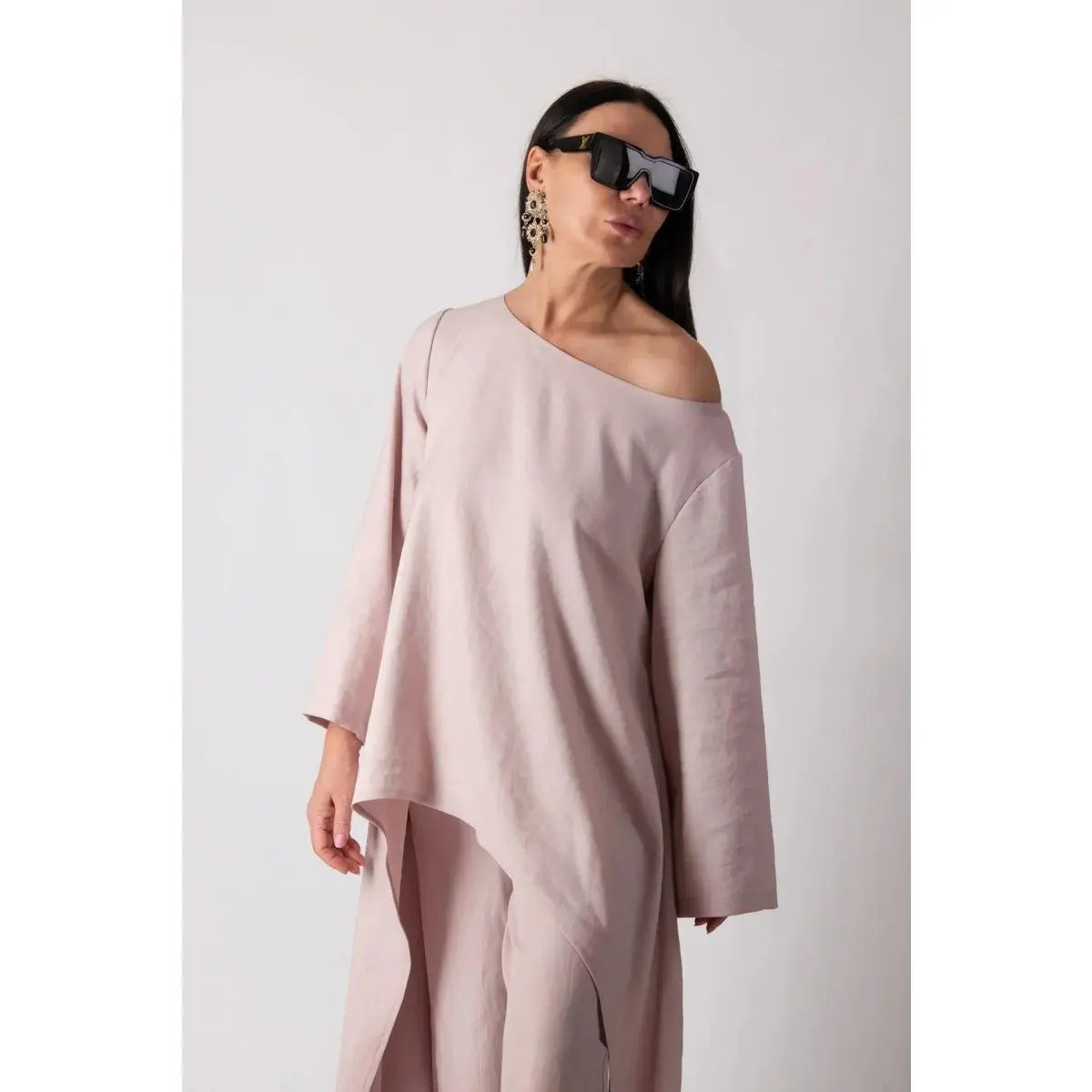 Wide Linen Top JESIKA -  Breathable Lightweight Asymmetric Design with Long Sleeves, Matching Elegant Style for Women