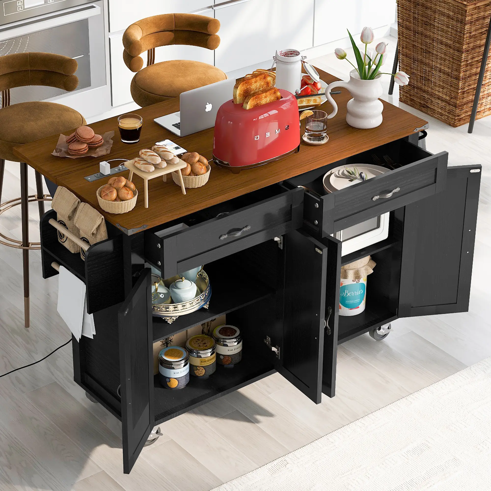 53.5" Farmhouse Kitchen Island Cart with Power Outlet & Drop Leaf, Rolling Storage Cart with Spice Rack & Drawer, Multi-Functional Mobile Kitchen Counter