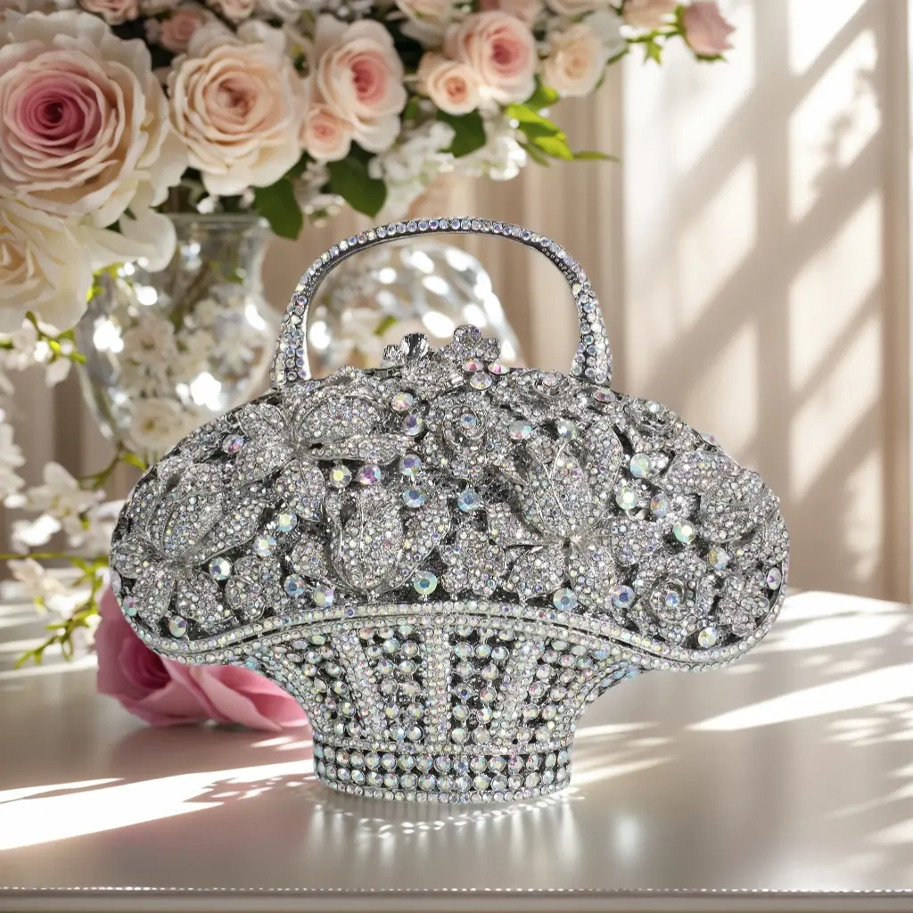 Women's Metallic Flower Clutch - Bling Crystal Floral Handbag with Chain, Luxurious Evening Bag for Wedding, Holiday, Birthday Events, Flowers, Crystal Embellished