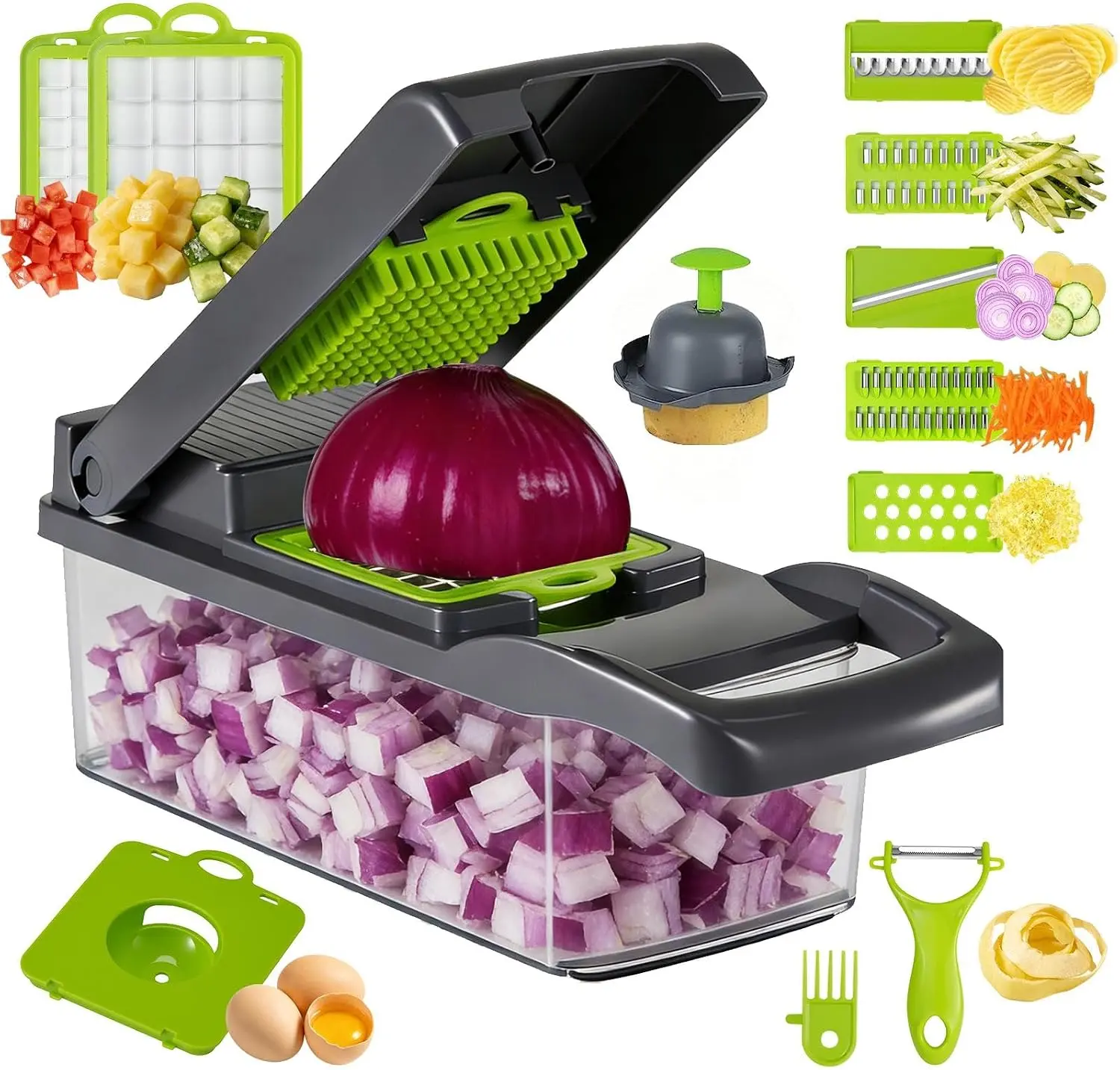 14-in-1 Manual Kitchen Food Chopper with Container, Cheese Grater, Mandoline Slicer, Cabbage Shredder, Egg Separator & Vegetable Peeler for Veggie, Onion, Potato & Fruit