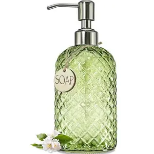 JASAI 18Oz Tea Green Soap Dispenser with Rust Proof Pump, Refillable Glass Soap Dispenser for Bathroom & Kitchen to Dispense Dish Soap, Hand soap, Lotion.
