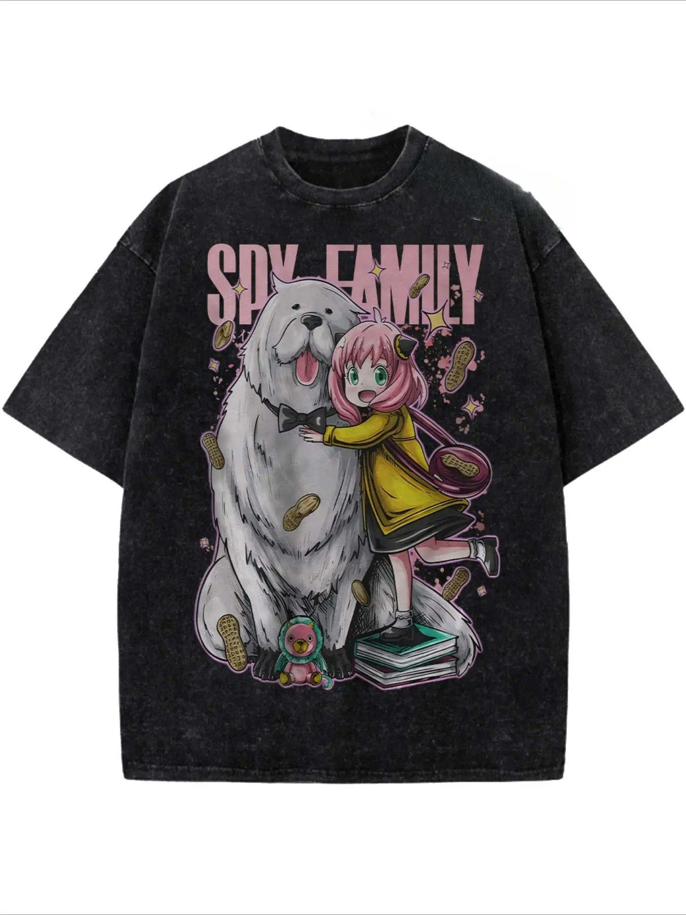 valentine shirts Men's washed street brand T-shirt | Spys Family animation printing, retro heavy T-shirt, front and back printing, loose, comfortable and breathable, machine washed fabric, hip-hop trend loose water clothing, Y2K fashion, crew neck fashion