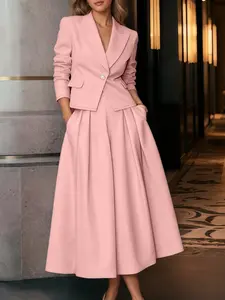 Women's Casual Solid Color Set, Suits Button Front Long Sleeve Shirt Top + High Waist Skirt with Pockets, Perfect for Daily