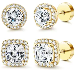 Women's 4-Piece Earring Stack, Gold-Tone & Silver Round/Plain Stud & Square Style, Non-Tarnish Low-Allergy Copper-Plated Metal, Pain-Free Hypoallergenic Daily Wear Fashion Jewelry, With Gift Box, Ideal Birthday Gift, Non Tarnish Earrings