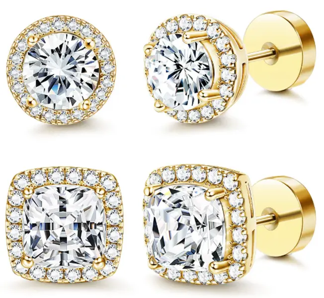 Stud Earring Stacks 4-Piece Set for Women, Round & Square Brilliant Cut Halo Studs, 925 Sterling Silver Plated, Lightweight Hypoallergenic Non Tarnish Jewelry with Screw Backs, Jewelry Stack, Tarnish Free Earrings, Daily