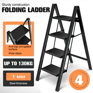 4 Step Ladder Folding Iron Step Stool Stepladders with AntiSlip and Wide Pedal for Home and Kitchen Use Space Saving (Black)